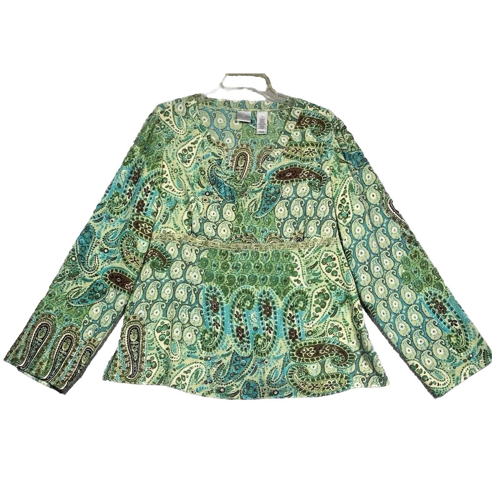 Emma & James Top Women's 18 Green Paisley Boho Baby Doll Long‎ Sleeve Semi Sheer